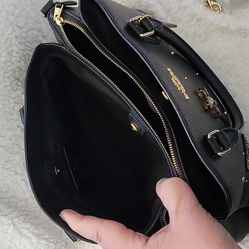 Coach Carryall Bag Black Pebble leather with embroidery Bee and Crystal Flowers - Picture 4 of 7